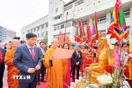Tái hiện nghi thức Giỗ Tổ Hùng Vương tại lễ hội. (Ảnh: Nguyễn Tuyến/TTXVN)
