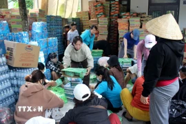 Phụ nữ ở xã Hàm Tân, tỉnh Lâm Đồng vận động gần 18 tấn hàng hóa, nhu yếu phẩm gửi cho đồng bào miền Trung. (Hồng Hiếu/TTXVN)