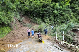 Nhiều điểm sạt lở nghiêm trọng trên Quốc lộ 12. (Ảnh: TTXVN phát)