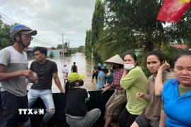 Chính quyền địa phương sử dụng phương tiện di chuyển người dân xã Hàm Thuận Bắc (tỉnh Lâm Đồng) về nơi an toàn. (Ảnh: Hồng Hiếu/TTXVN)