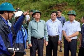 Phó Thủ tướng Hồ Quốc Dũng kiểm tra tình trạng sạt lở gây ách tắc giao thông tại tuyến đường Trà Lâm-Trà Hiệp, xã Thanh Bồng. (Ảnh: Lê Phước Ngọc/TTXVN)