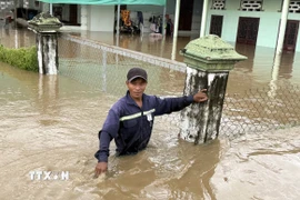 Nhiều nhà dân ở xã Hàm Thuận Bắc (tỉnh Lâm Đồng) bị ngập sâu. (Ảnh: Hồng Hiếu/TTXVN)