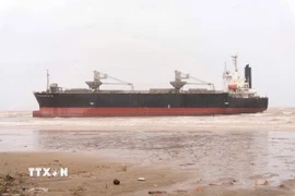Tàu hàng Thanh Thàng Đạt 9 có chiều dài 151m, rộng 26m, trọng lượng 23.000 tấn xuất phát từ cảng Thịnh Long (Ninh Bình) đến cảng Nghi Sơn (Thanh Hóa) để bốc hàng thì bị chết máy. (Ảnh: TTXVN phát)
