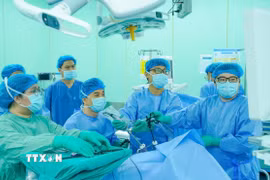 Bác sỹ Bệnh viện Đại học Y dược Thành phố Hồ Chí Minh phẫu thuật ung thư trực tràng cho người bệnh Indonesia. (Ảnh: TTXVN phát)