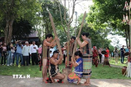 Tái hiện hình ảnh giã gạo nuôi quân của đồng bào S’tiêng Sóc Bom Bo. (Ảnh: Nhật Bình/ TTXVN)