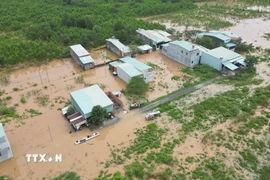 Nước lũ tràn vào các khu dân cư ở Đồng Nai biến nhiều tuyến đường thành sông. (Ảnh: Lê Xuân/TTXVN)