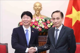 Bộ trưởng Bộ Ngoại giao Lê Hoài Trung tiếp Thống đốc tỉnh Okayama (Nhật Bản) Ibaragi Ryuta. (Ảnh: An Đăng/TTXVN)