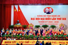 Thường trực Tỉnh ủy Nghệ An tặng hoa chia tay các đồng chí trong Ban chấp hành thôi nhiệm vụ. (Ảnh: Trịnh Duy Hưng/TTXVN)