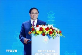 Thủ tướng Phạm Minh Chính phát biểu tại Lễ khai mạc Hội nghị Bộ trưởng Số ASEAN (ADGMIN) lần thứ 6. (Ảnh: Dương Giang/TTXVN)