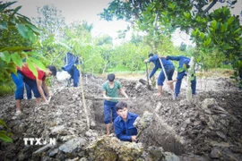 Lực lượng Đội K91 (Bộ Chỉ huy Quân sự tỉnh Đồng Tháp) đào tìm hài cốt liệt sỹ tại ấp Phú Hòa 2, xã Phú Hựu (tỉnh Đồng Tháp). (Ảnh: TTXVN phát)