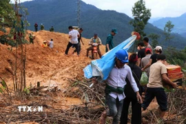 Lực lượng tình nguyện và các nhà hảo tâm tích cực tham gia công tác vận chuyển lương thực, thực phẩm, nước uống cho đồng bào. (Ảnh: Đoàn Hữu Trung/TTXVN)