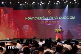 Thủ tướng Phạm Minh Chính phát biểu tại Ngày Chuyển đổi số quốc gia (10/10). (Ảnh: Dương Giang/TTXVN)