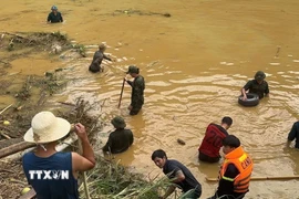 Các lực lượng tại chỗ tìm kiếm nạn nhân. (Ảnh: TTXVN phát)