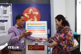 Hỗ trợ người dân đăng ký dịch vụ và lấy số thứ tự tại Văn phòng Đăng ký đất đai Thành phố Hồ Chí Minh. (Ảnh: Hồng Đạt/TTXVN)