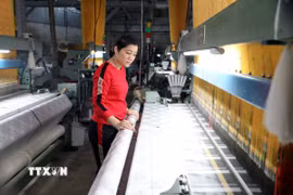 Thợ dệt lụa tại Cơ sở sản xuất kinh doanh lụa Nha Xá Nguyệt Hưng Silk. (Ảnh: Thanh Tuấn/TTXVN)