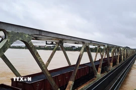 Những toa xe lửa chở đá dừng trên cầu đường sắt Bạch Hổ bắc qua sông Hương, thành phố Huế để gia tải ứng phó với lũ lớn. (Ảnh: Nguyên Lý/TTXVN)