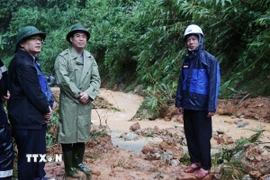 Chủ tịch Ủy ban Nhân dân tỉnh Quảng Ngãi Nguyễn Hoàng Giang (giữa) cùng đoàn công tác kiểm tra vị trí sạt lở tại Km71+150 Quốc lộ 24C, đoạn qua xã miền núi Thanh Bồng. (Ảnh: Phạm Cường/TTXVN)