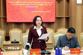 Phó Chủ tịch Quốc hội Nguyễn Thị Thanh phát biểu tại buổi giám sát, kiểm tra công tác bầu cử tại Hưng Yên. (Ảnh: Đinh Văn Nhiều/TTXVN)