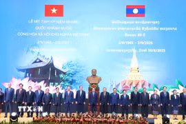Các lãnh đạo và cựu lãnh đạo cấp cao Đảng, Nhà nước Lào chụp ảnh kỷ niệm cùng Đại sứ Việt Nam tại Lào. (Ảnh: Xuân Tú/TTXVN)
