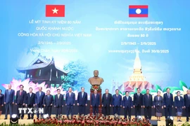 Các lãnh đạo và cựu lãnh đạo cấp cao Đảng, Nhà nước Lào chụp ảnh kỷ niệm cùng Đại sứ Việt Nam tại Lào. (Ảnh: Xuân Tú/TTXVN)