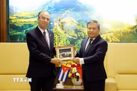Bí thư Tỉnh ủy Quảng Ninh Vũ Đại Thắng (bên phải) tặng quà lưu niệm Đại sứ đặc mệnh toàn quyền nước Cộng hòa Cuba. (Ảnh: TTXVN phát)