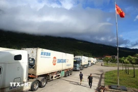 Đoàn xe chở hàng qua cửa khẩu quốc tế Cha Lo. (Ảnh: Minh Quyết/TTXVN)