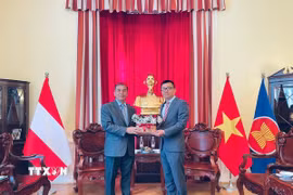 Đại sứ Vũ Lê Thái Hoàng (trái) tiếp Đại sứ Lào Khampheng Douangthongla. (Ảnh: TTXVN phát)