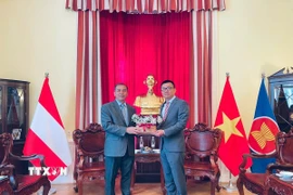 Đại sứ Vũ Lê Thái Hoàng (trái) tiếp Đại sứ Lào Khampheng Douangthongla. (Ảnh: TTXVN phát)