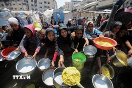 Người dân chờ được phát thực phẩm cứu trợ tại Gaza. (Ảnh: THX/TTXVN)