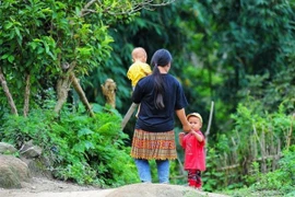 Hình ảnh những "bà mẹ trẻ" không hiếm gặp tại những vùng sâu, vùng xa. (Ảnh: Nam Thái/TTXVN)