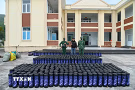 Đối tượng Phạm Đình Đạt và tang vật hơn 1.300 bình khí cười. (Ảnh: TTXVN phát)