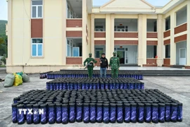 Đối tượng Phạm Đình Đạt và tang vật hơn 1.300 bình khí cười. (Ảnh: TTXVN phát)