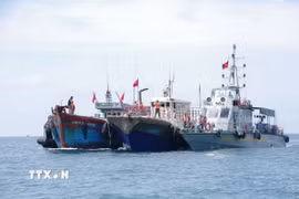 Bộ đội Biên phòng thành phố Hải Phòng hỗ trợ lai dắt tàu cá Trung Quốc gặp sự cố trên biển vào âu cảng Bạch Long Vĩ. (Ảnh: TTXVN phát)