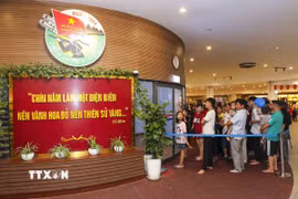 Đông đảo du khách xếp hàng để vào xem bức tranh panorama Chiến dịch Điện Biên Phủ. (Ảnh: Xuân Tư/TTXVN)