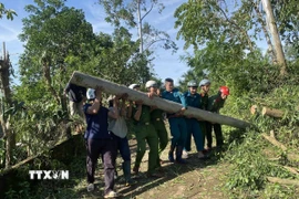 Lực lượng Công an tỉnh Gia Lai giúp người dân dọn dẹp trụ điện ngã đổ gây cản trở giao thông. (Ảnh: Sỹ Thắng/TTXVN)