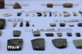 Những hiện vật tiêu biểu được khai quật năm 2025 tại di tích khảo cổ Mán Bạc, xã Đồng Thái, tỉnh Ninh Bình. (Ảnh: Thùy Dung/TTXVN)