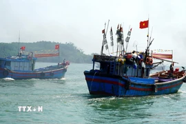 Các tàu cá đồng loạt rẽ sóng ra khơi sau lễ ra quân. (Ảnh: Lê Phước Ngọc/TTXVN)