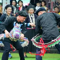 Trình diễn múa ngựa giấy của người dân tộc Nùng Dín (Mường Khương, Lào Cai). (Ảnh: Khánh Hòa/TTXVN)