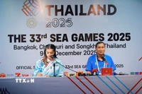 HLV trưởng đội tuyển nữ Việt Nam Mai Đức Chung trả lời họp báo sau trận đấu. (Ảnh: Minh Quyết/TTXVN)