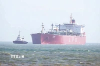 Tàu chở dầu khí tự nhiên hóa lỏng di chuyển qua eo biển Hormuz. (Ảnh: ANI/TTXVN)