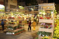 Không gian nghệ thuật được thiết kế xuyên suốt với hơn 30 mô hình đại cảnh, tiểu cảnh, sử dụng hơn 50.000 giỏ hoa tươi từ các làng hoa trong và ngoài thành phố. (Ảnh: Thu Hiền/TTXVN)