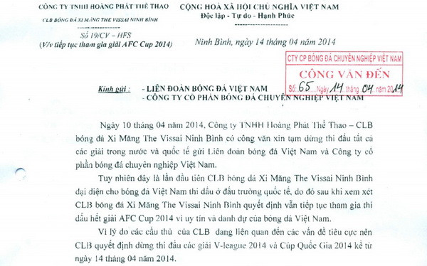 Vissai Ninh Bình chính thức xác nhận rời V-League 2014 ảnh 1