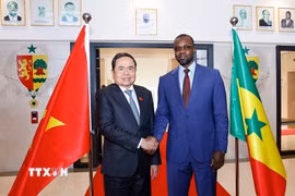 Chủ tịch Quốc hội Trần Thanh Mẫn hội kiến Thủ tướng Senegal Ousmane Sonko. (Ảnh: Doãn Tấn/TTXVN)