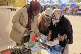 Du khách Algeria xem các ấn phẩm du lịch của Việt Nam tại lễ hội. (Ảnh: Mạnh Hùng/TTXVN)