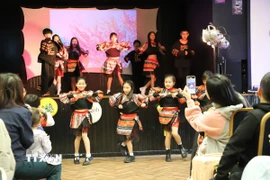 Các em nhỏ người Việt Nam tại Anh biểu diễn văn nghệ trong trang phục trẻ em dân tộc thiểu số miền núi phía Bắc. (Ảnh: Phong Hà/TTXVN)