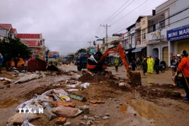 Sáng 20/11/2025, lực lượng chức năng xã D’ran điều động phương tiện hỗ trợ người dân địa phương dọn dẹp, khắc phục hậu quả sau trận lũ lịch sử. (Ảnh: Nguyễn Dũng/TTXVN)
