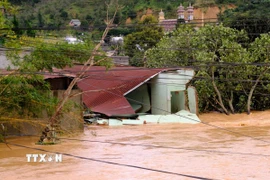 Nhiều khu dân cư với trên 400 nhà dân tại xã D’ran (Lâm Đồng) bị ngập trong trận lũ lịch sử từ đêm 19 đến sáng 20/11. (Ảnh: Nguyễn Dũng/TTXVN)