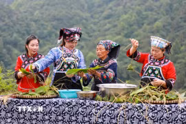 Người dân làm bánh ú đón Tết Đoan Ngọ tại Quý Châu, Trung Quốc. (Ảnh: THX/TTXVN)