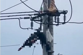 Hình ảnh người đàn ông treo lơ lửng trên trụ điện. (Nguồn: Ảnh cắt từ clip trên TikTok)