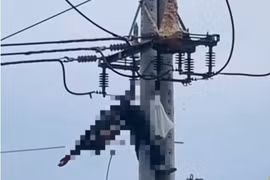 Hình ảnh người đàn ông treo lơ lửng trên trụ điện. (Nguồn: Ảnh cắt từ clip trên TikTok)